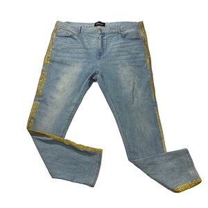Homme Femme Light Wash Jeans Sz 42x34 Gold Glitter Paint Spell Out Stripe Denim